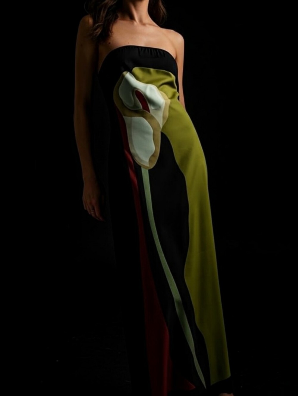 🫒OLIVE/ ONYX/ & CREAM Tulip Print Strapless Split Maxi Slip Dress